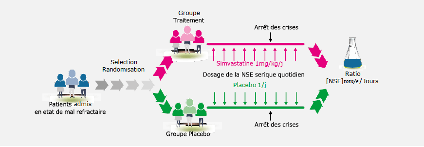 Schéma de l’essai : les patients admis en état de mal réfractaire sont sélectionnés puis randomisés en deux groupes. Le groupe traitement reçoit de la simvastatine 1 mg/kg/j, le groupe placebo une solution contrôle 1/j. Dans les deux groupes, la NSE sérique est dosée quotidiennement jusqu’à l’arrêt des crises, puis le ratio NSE totale / jours est calculé.